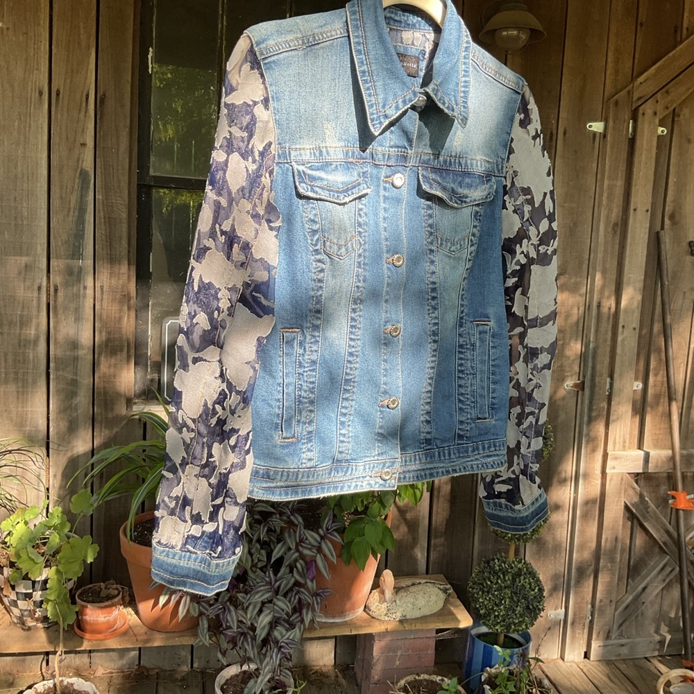 Live a Little Light Blue Denim Jacket with Navy Floral Print Sleeves